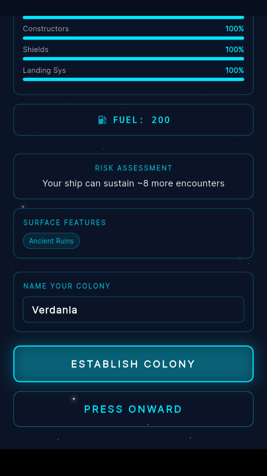 Landing screen with colony naming